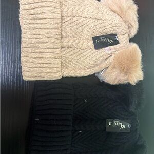 Knit Beanie Set with Pom Poms